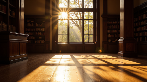 宏伟的图书馆内部，高耸的书架，阳光透过彩色玻璃窗洒入，学者们在安静阅读，古典建筑风格